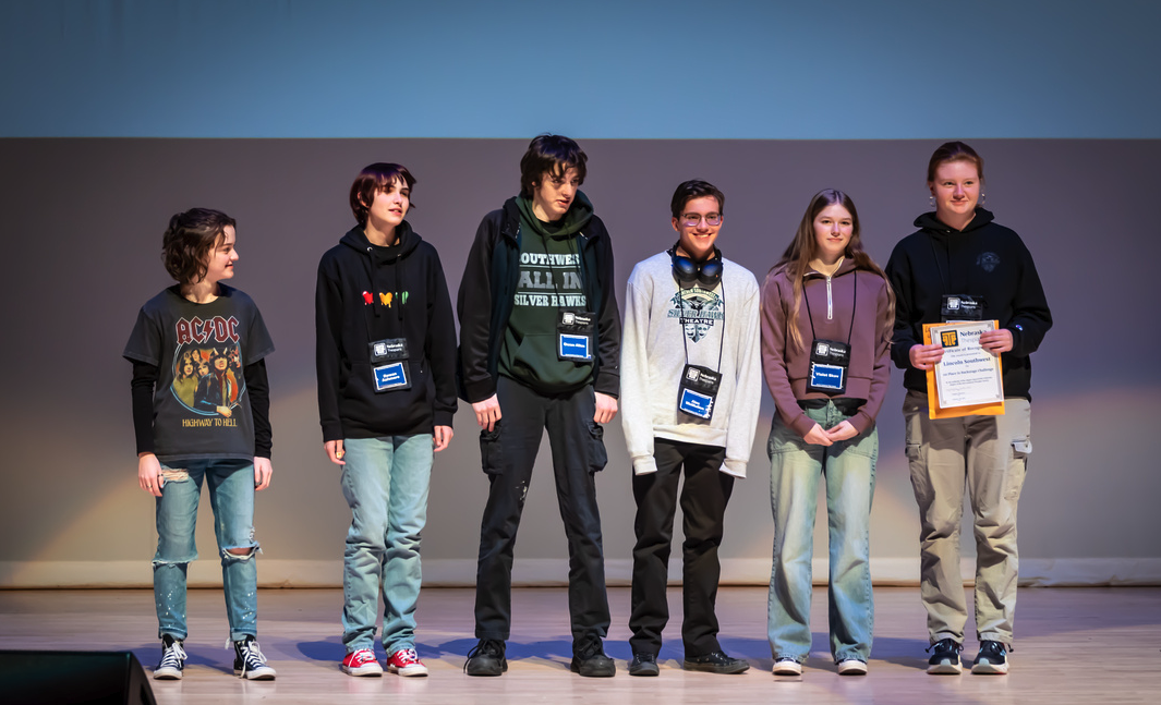 (Left to Right) Sophomores Alexa Ladd and Rowan Ashmore, juniors Owen Allen, Alex McMullen, Violet Skov and senior Avery Miller getting awarded 2025 Technical Theatre State Champions. The Nebraska State Thespian Festival was from Jan. 2 - 4.